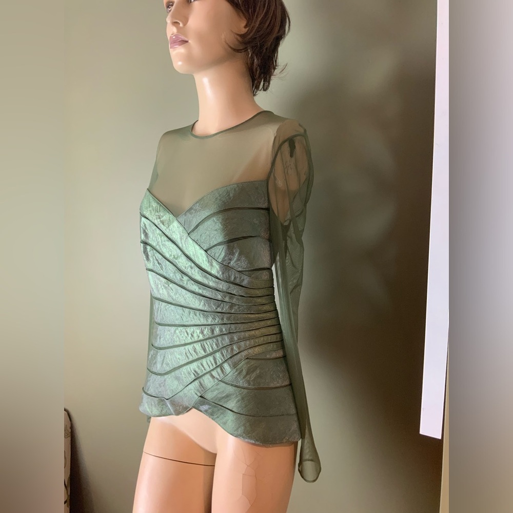 Adrianna Papell Green Sheer-Overlay Tiered Cocktail Mermaid Dress Set NWOT - Picture 8 of 11